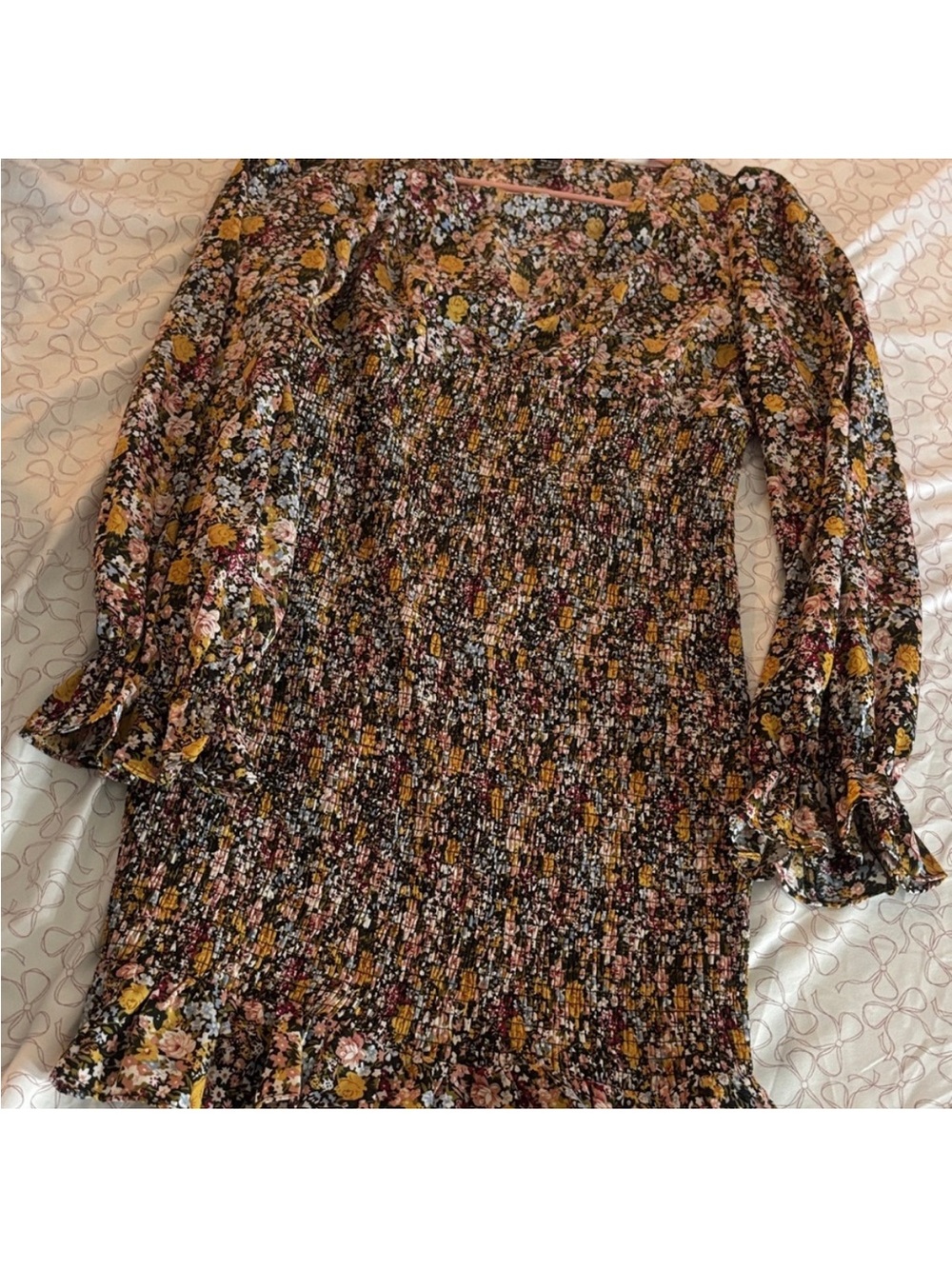 Floral Smocked Long-Sleeve Mini Dress - Black & Mustard